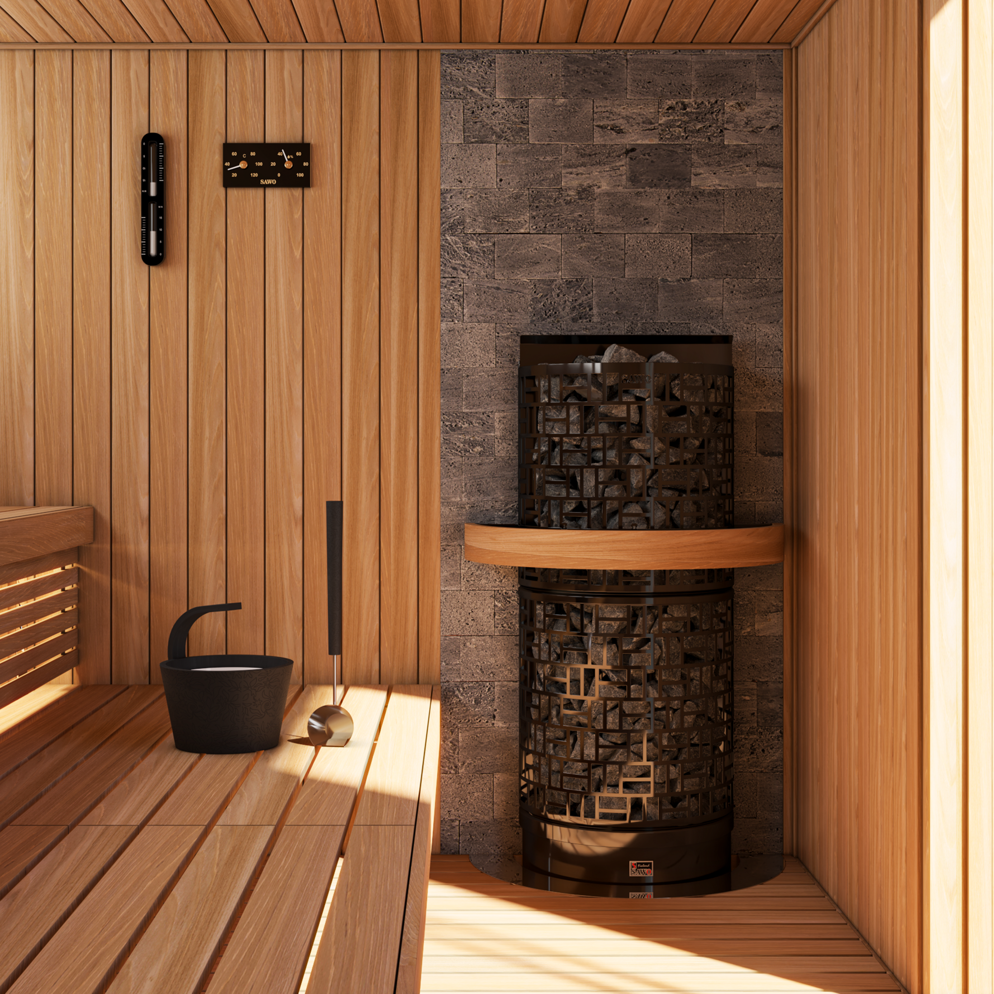STONE WALL WITH BLACK ACC and sawo 30 wall